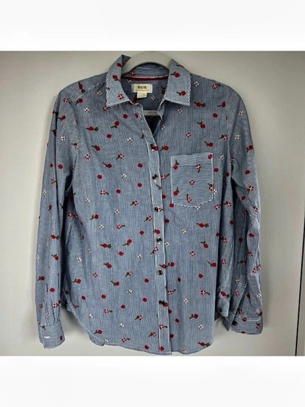 Anthropologie Maeve Embroidered Floral Striped Button Down Shirt Cotton 4